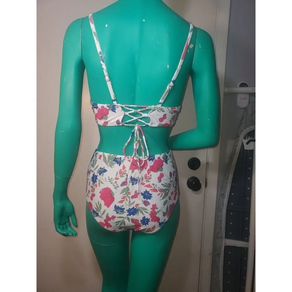 Shein White With Blue And Pink Floral Bikini 2 Piece Swimsuit Size S.